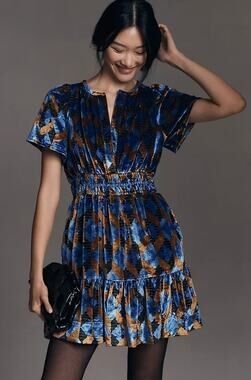 NEW By Anthropologie The Somerset Mini Dress: Velvet Edition Blue Motif Sz M NWT